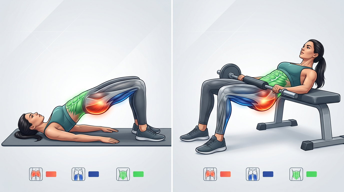 Anatomical illustration showing the primary muscles activated during glute bridge and hip thrust, with gluteus maximus, hamstrings, and core muscles highlighted