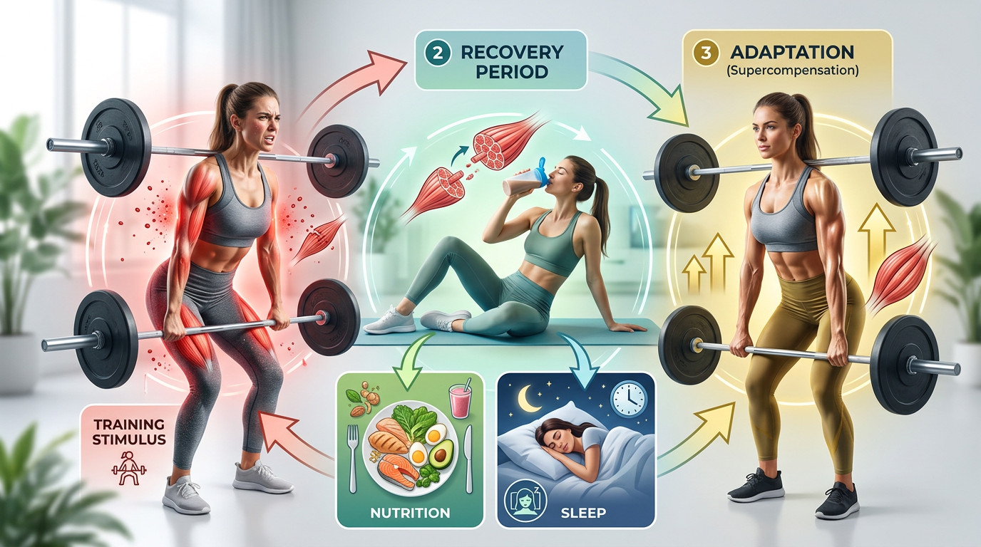 Infographic illustrating the muscle growth cycle showing training stimulus, recovery period, adaptation, and the importance of sleep and nutrition in the recovery process