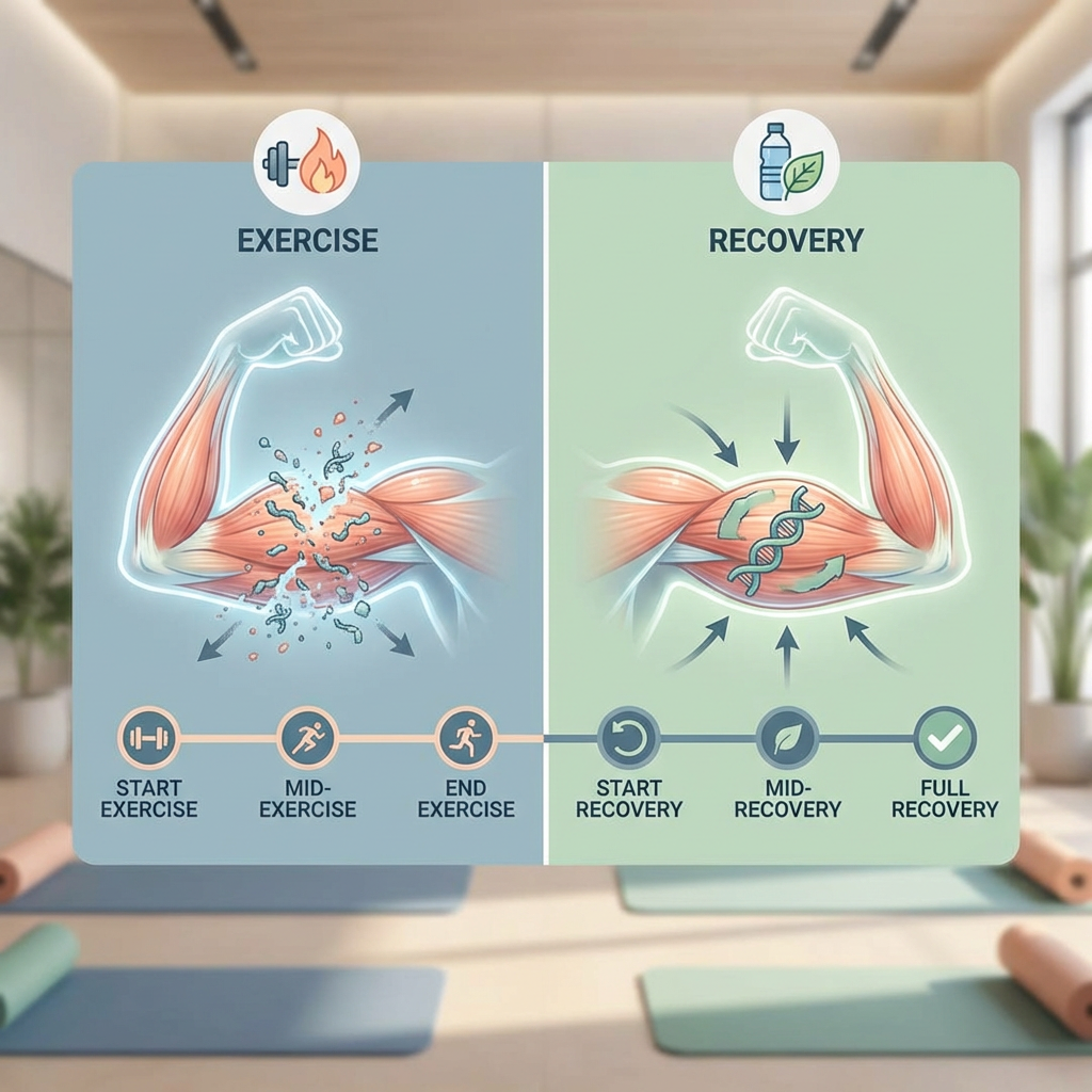 Infographic showing muscle protein breakdown during exercise and protein synthesis during recovery, with timeline markers