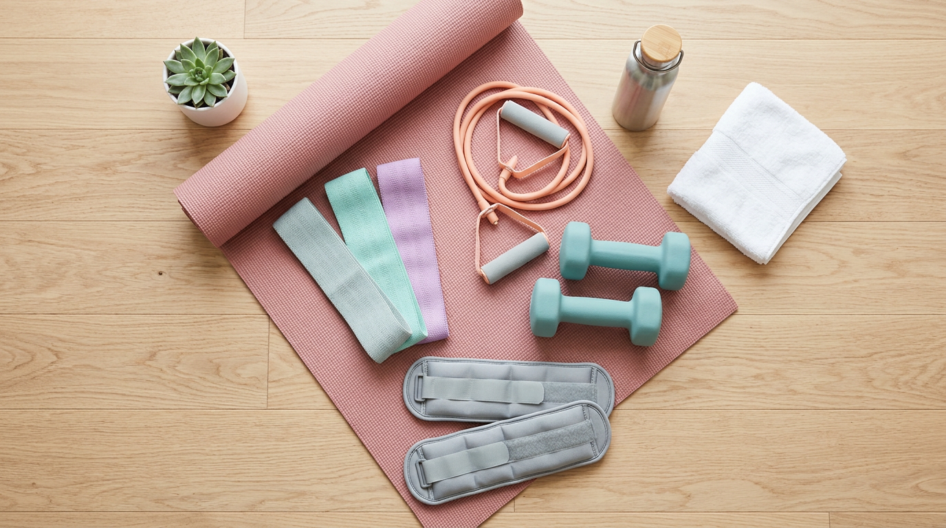 Flat lay photo of resistance bands, dumbbells, ankle weights, and exercise mat arranged on wooden floor showing essential equipment for hip-widening exercises