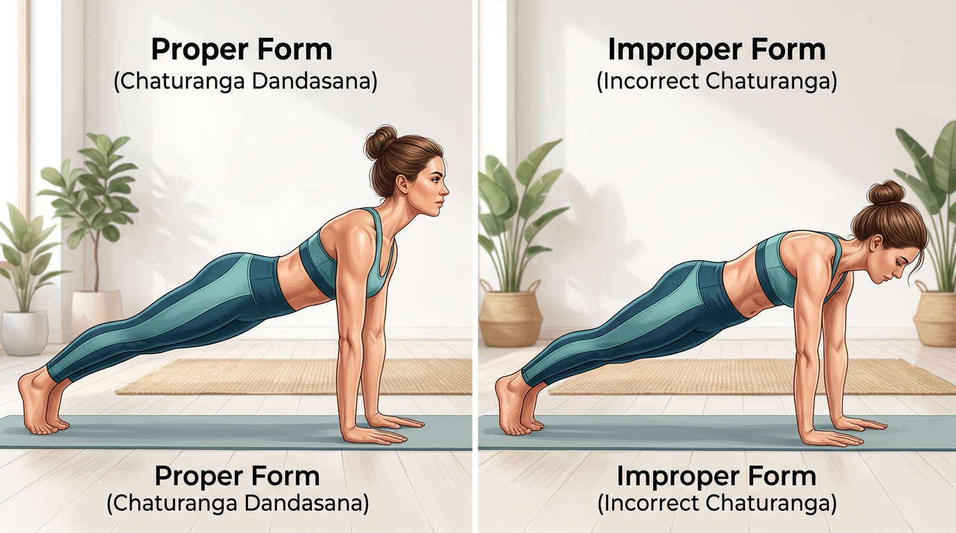 Side-by-side comparison showing proper vs improper form in Chaturanga with emphasis on elbow position and body alignment