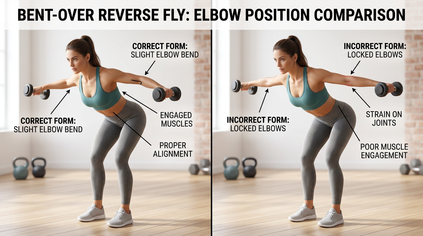 Side-by-side comparison showing correct versus incorrect elbow position during bent-over reverse flys with annotations highlighting proper slight bend versus locked elbows