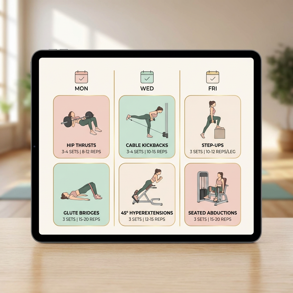 Infographic showing weekly upper glute training split with exercise examples and recommended sets and reps for each day
