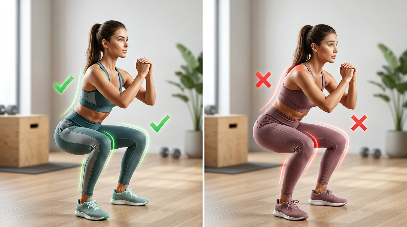 Side-by-side comparison showing proper squat form versus common mistakes, highlighting knee alignment, back position, and depth