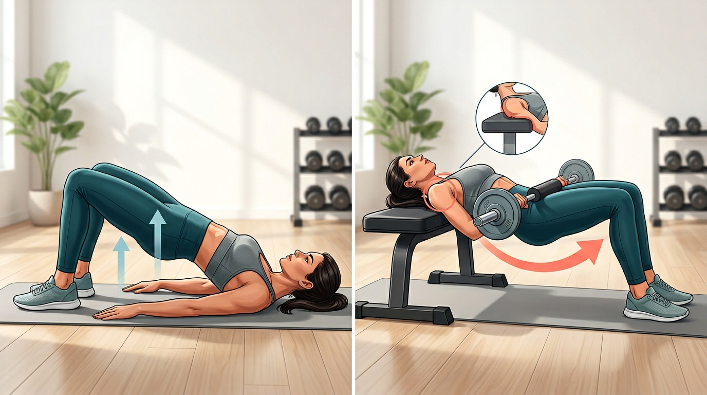 Side-by-side comparison illustration showing proper form for glute bridge (left) and hip thrust (right), highlighting the key difference in shoulder position and range of motion