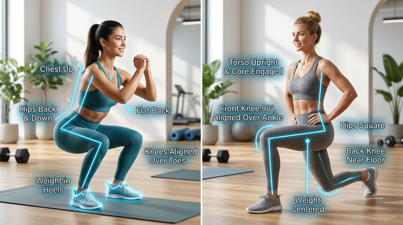 Side-by-side comparison showing proper squat form and proper lunge form with alignment cues highlighted