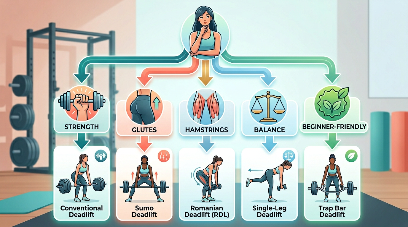 Flowchart or decision tree helping women choose the best deadlift variation based on their primary goal (strength, glutes, hamstrings, balance, or beginner-friendly)