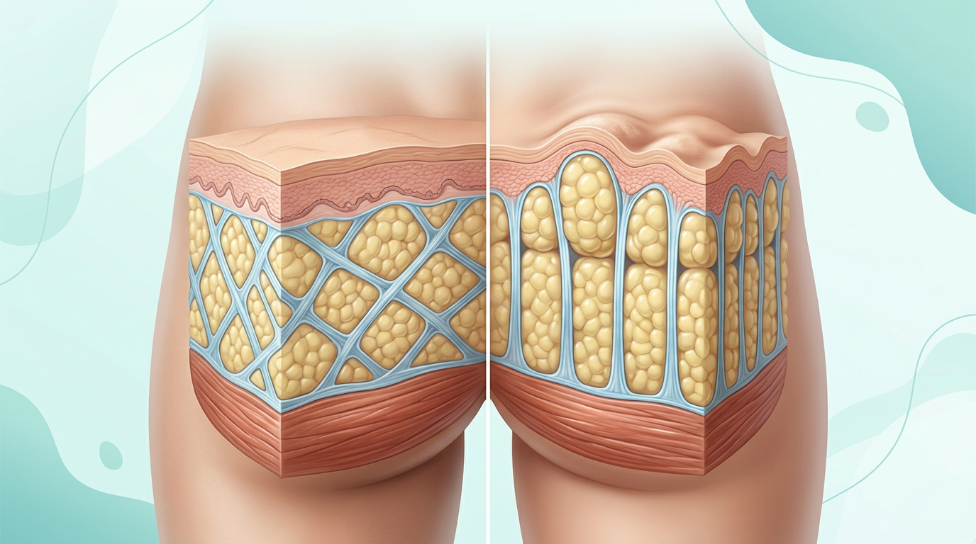 Anatomical illustration comparing male and female connective tissue structure in the buttocks, showing why women are more prone to cellulite