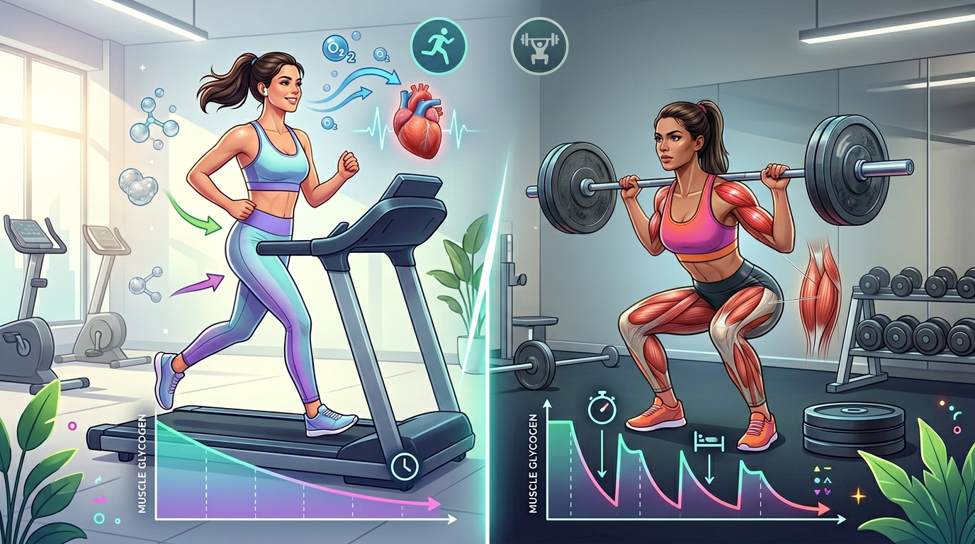 Infographic showing energy systems used during cardio versus strength training, with visual representation of glycogen depletion patterns