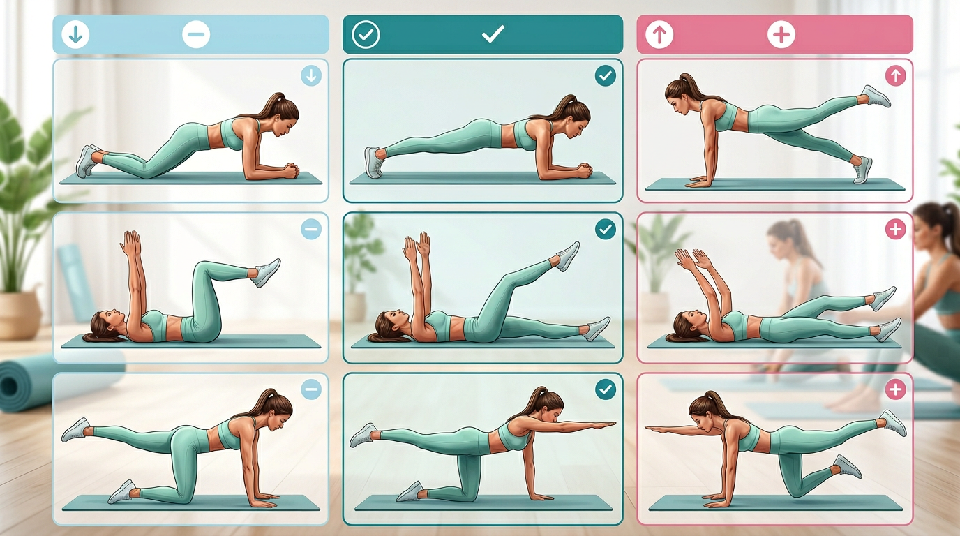 Infographic showing exercise modifications in three columns: easier regression, standard version, and advanced progression for plank, dead bug, and bird dog exercises
