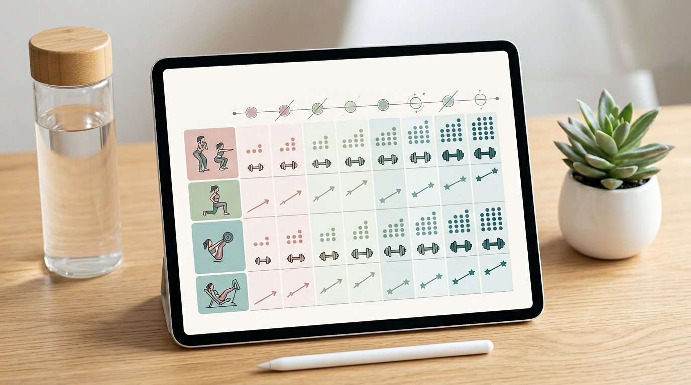 Workout tracking template showing progressive overload for thigh exercises over 8 weeks