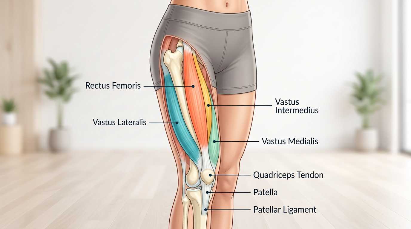 Anatomical diagram showing the four quadriceps muscles (rectus femoris, vastus lateralis, vastus medialis, vastus intermedius) labeled on a female leg with different colors for each muscle
