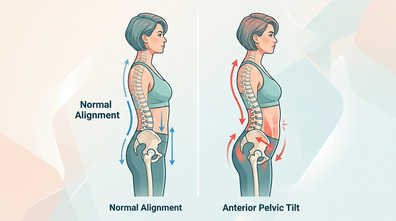 Anatomical illustration showing normal pelvic alignment versus anterior pelvic tilt in a female body, with arrows indicating the forward tilt of the pelvis and exaggerated lumbar curve