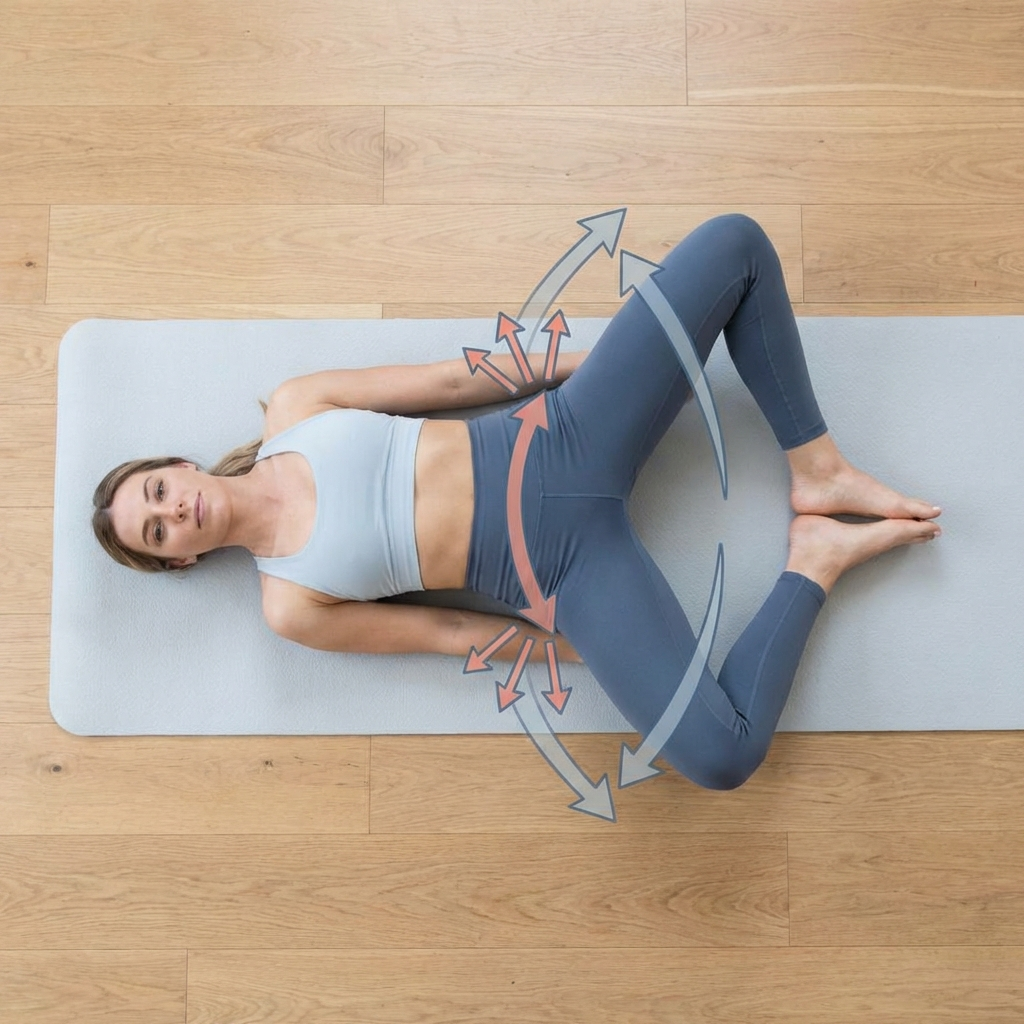 Overhead view of frog pump starting position showing the frog-leg position with arrows indicating hip thrust movement and upper glute contraction