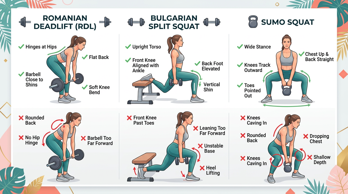 Demonstration of Romanian deadlift, Bulgarian split squat, and sumo squat with proper form and common mistakes to avoid
