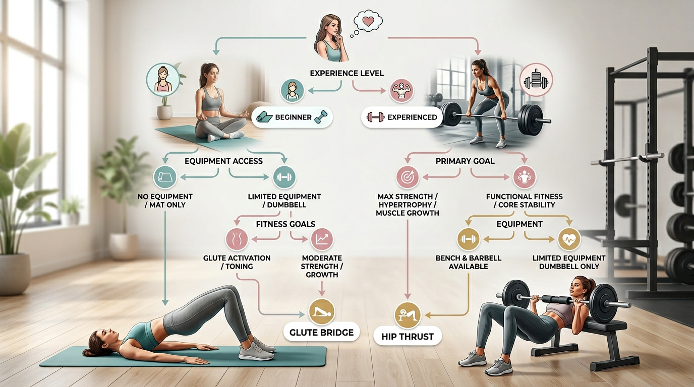 Decision tree flowchart helping readers choose between glute bridge and hip thrust based on experience level, equipment access, and fitness goals
