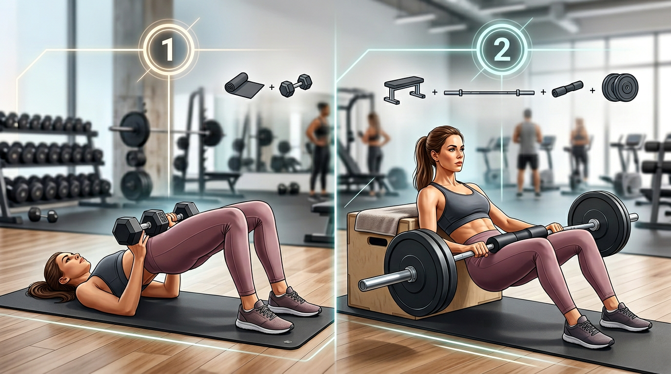 Progression chart showing weighted glute bridge advancing to barbell hip thrust, with setup differences and weight recommendations for each level