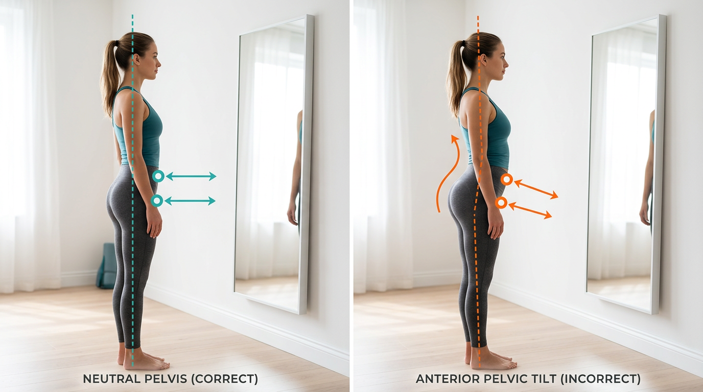 Side-by-side comparison photos showing a woman performing the standing mirror test for anterior pelvic tilt, with visual indicators pointing to hip bones and pubic bone alignment