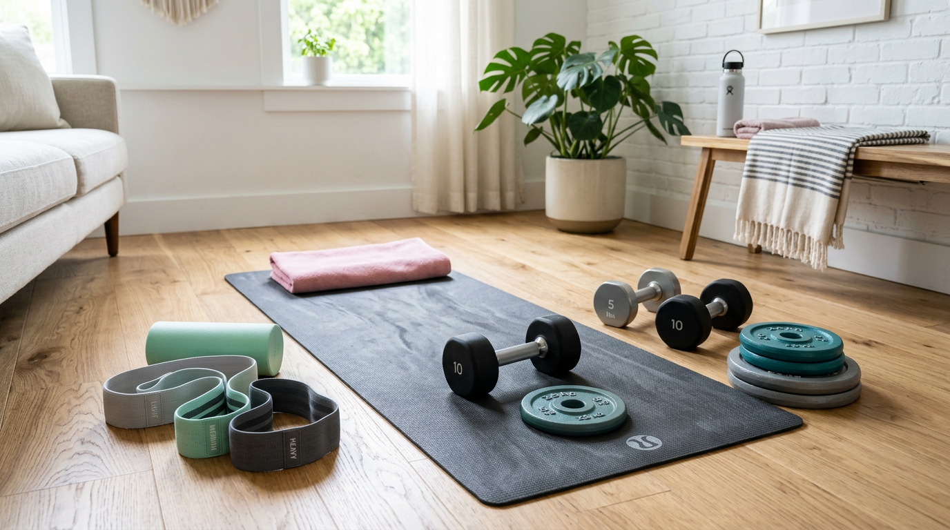 Home workout setup showing dumbbells, weight plates, resistance bands, and exercise mat arranged for weighted ab training