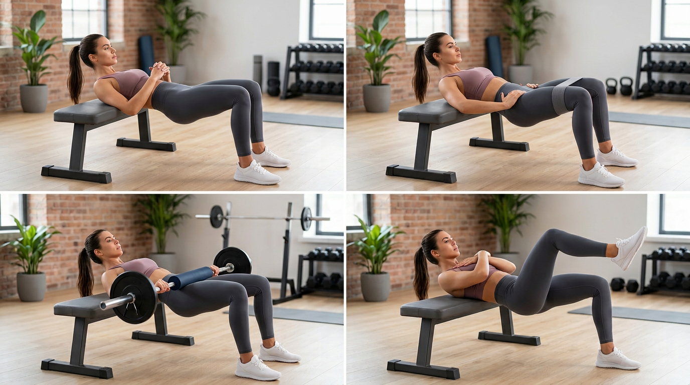Four-panel demonstration showing proper form for bodyweight, banded, barbell, and single-leg hip thrust variations