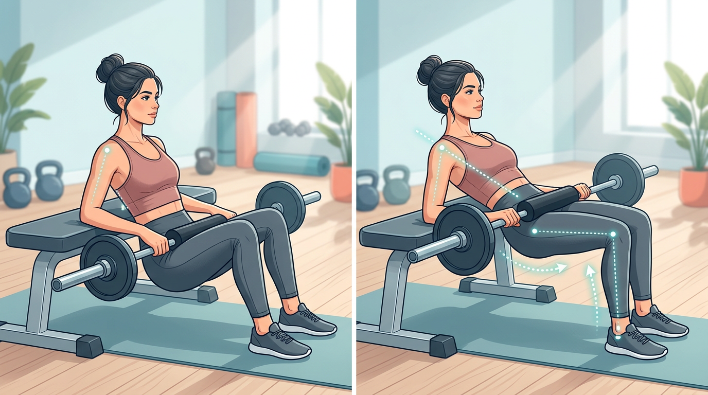 Proper hip thrust setup showing bench position, barbell placement with padding, and correct hip height at top of movement