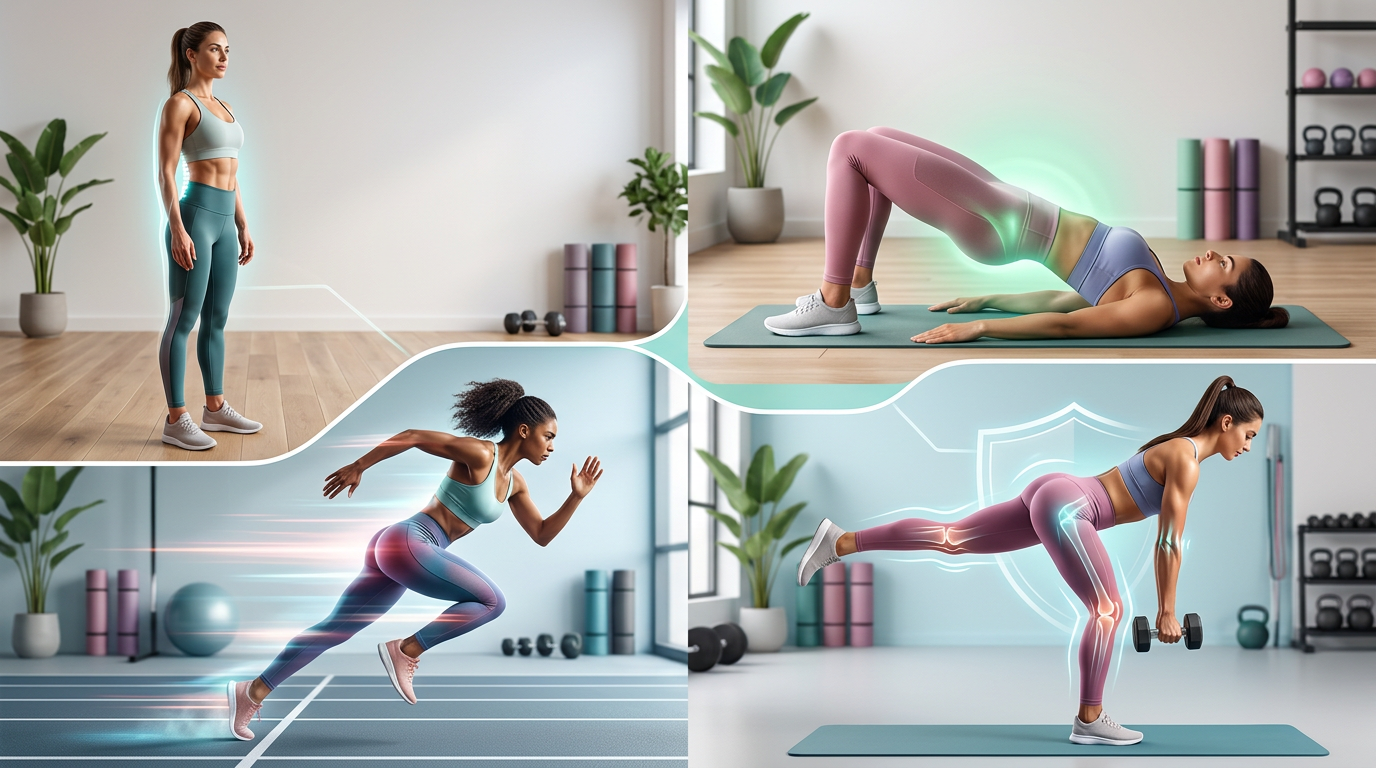 Educational infographic showing the functional benefits of strong glutes, including improved posture, reduced back pain, better athletic performance, and injury prevention