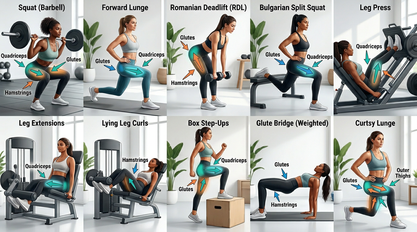 Infographic showing proper form for all 10 thigh exercises with arrows indicating primary muscle groups targeted
