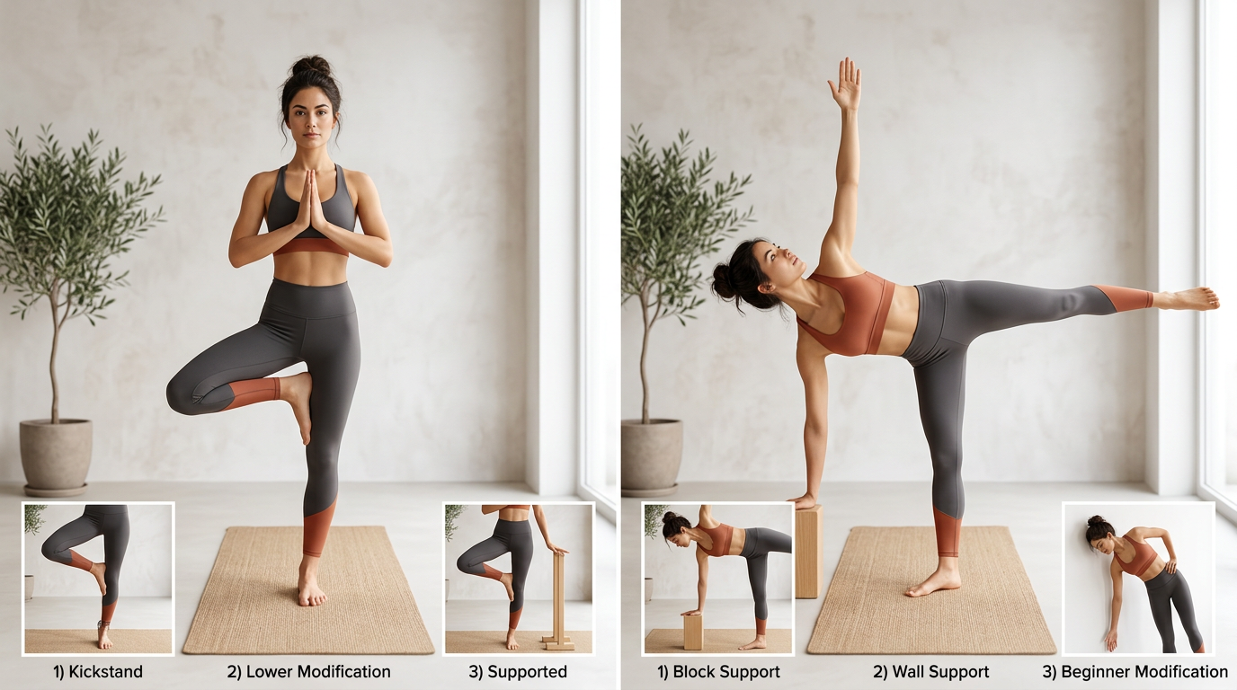 Side-by-side photos showing Tree Pose and Half Moon Pose with proper alignment and common modifications