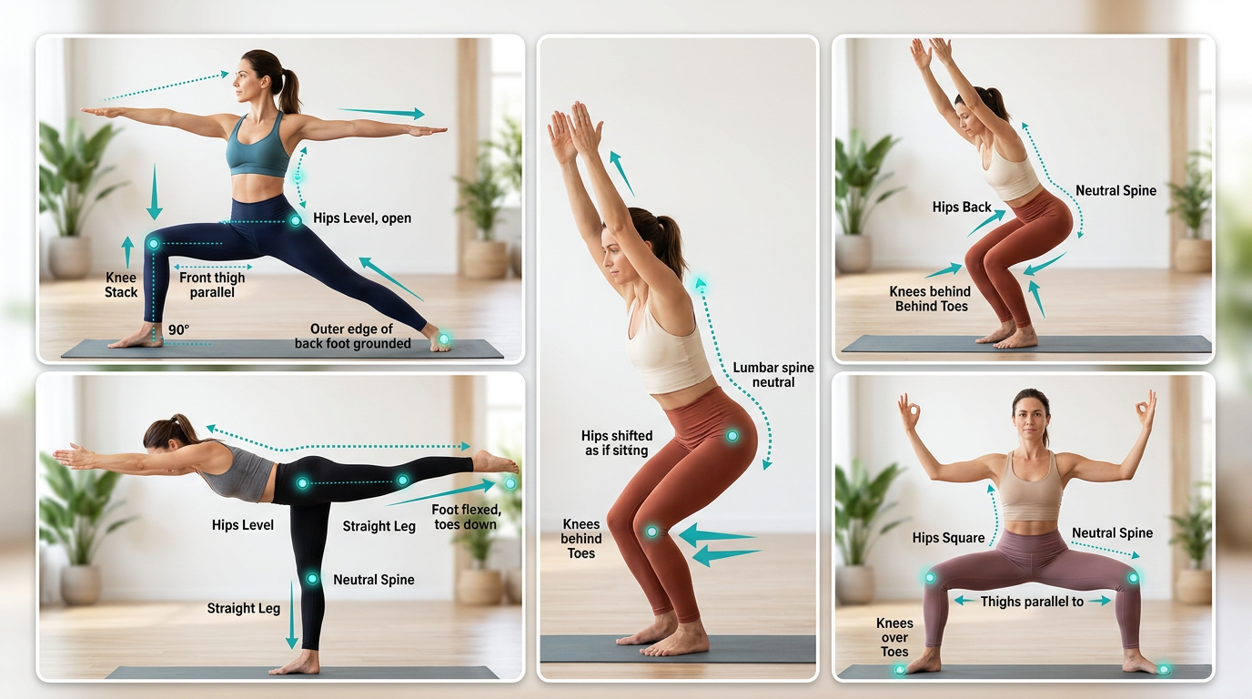 Collage showing proper alignment in Warrior II, Chair Pose, Warrior III, and Goddess Pose with alignment markers highlighting knee position, hip placement, and spine neutrality