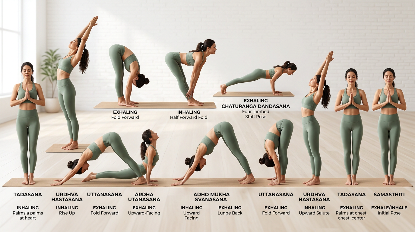 Sequence illustration showing the complete Sun Salutation flow with breath cues for each transition
