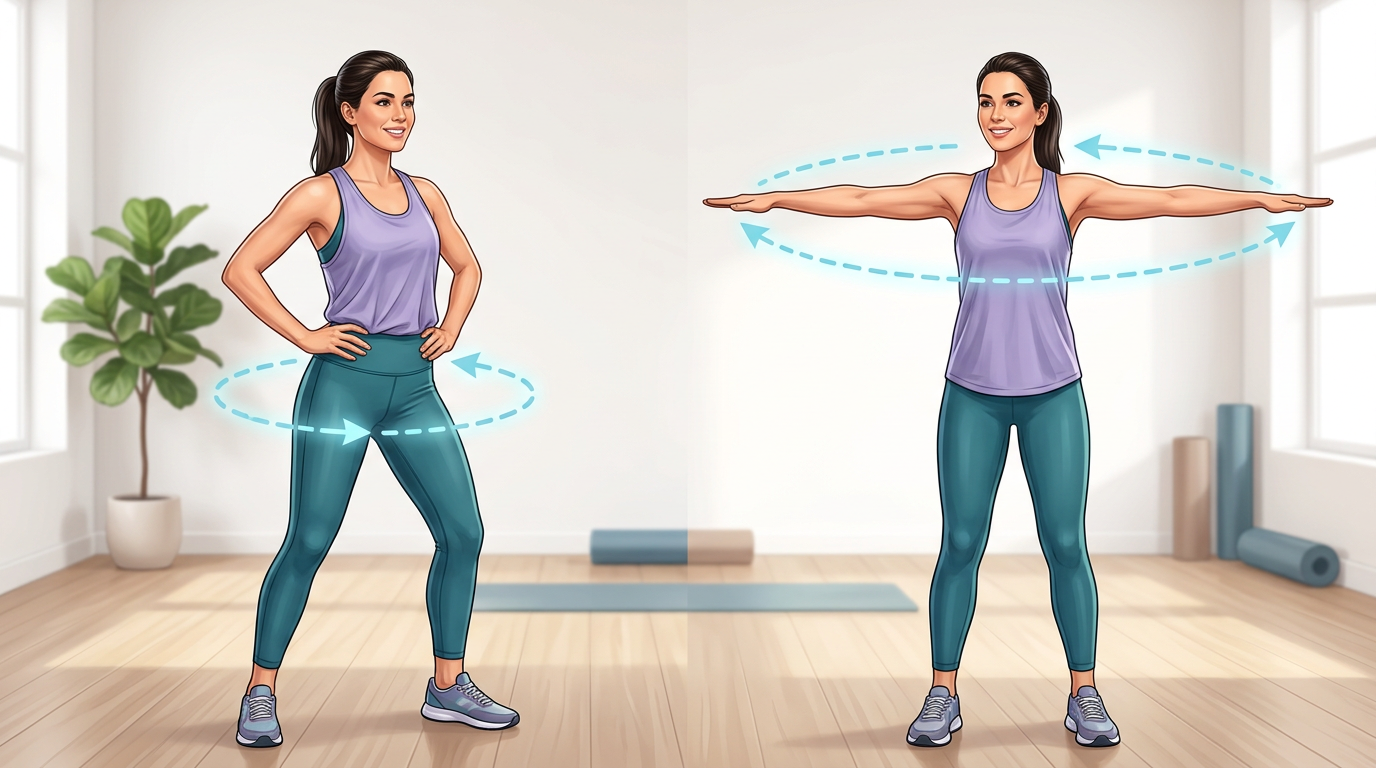 Woman demonstrating hip circles and arm circles with proper form, showing the circular motion path and body positioning