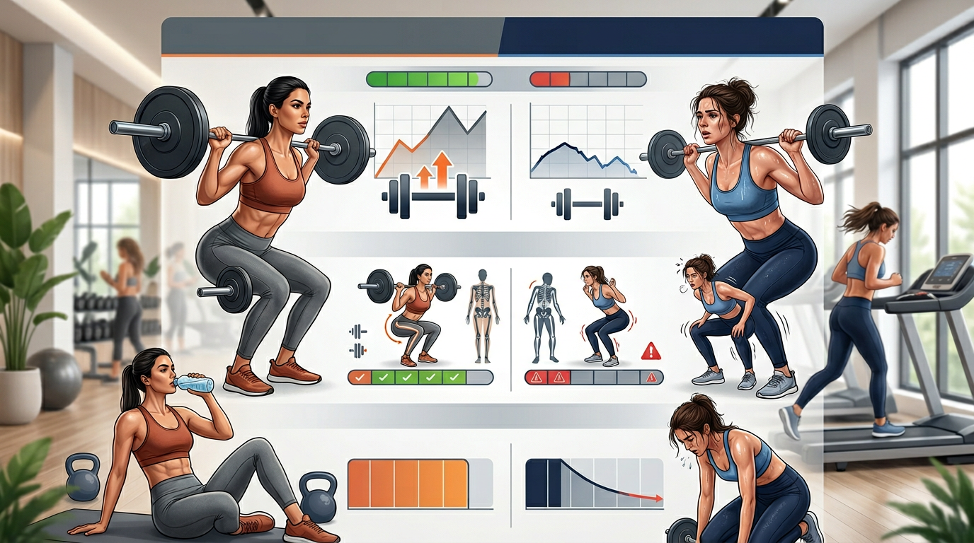Comparison chart showing workout quality metrics (strength output, form quality, time to fatigue) for weights-first versus cardio-first approaches