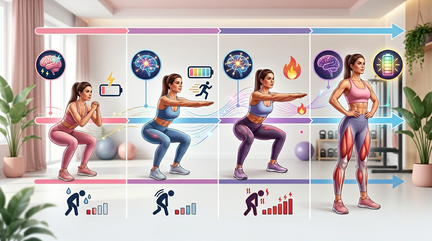 Timeline infographic showing what happens to your body during each week of a 30 day squat challenge, with icons representing neural adaptations, muscle endurance, and fatigue accumulation