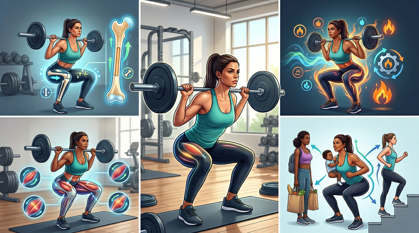 Infographic showing the multiple benefits of weighted squats for women including bone density, metabolic rate, muscle building, and functional strength
