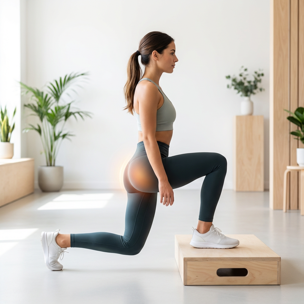 Demonstration of deficit reverse lunge showing the elevated platform position and the increased range of motion with upper glute engagement highlighted