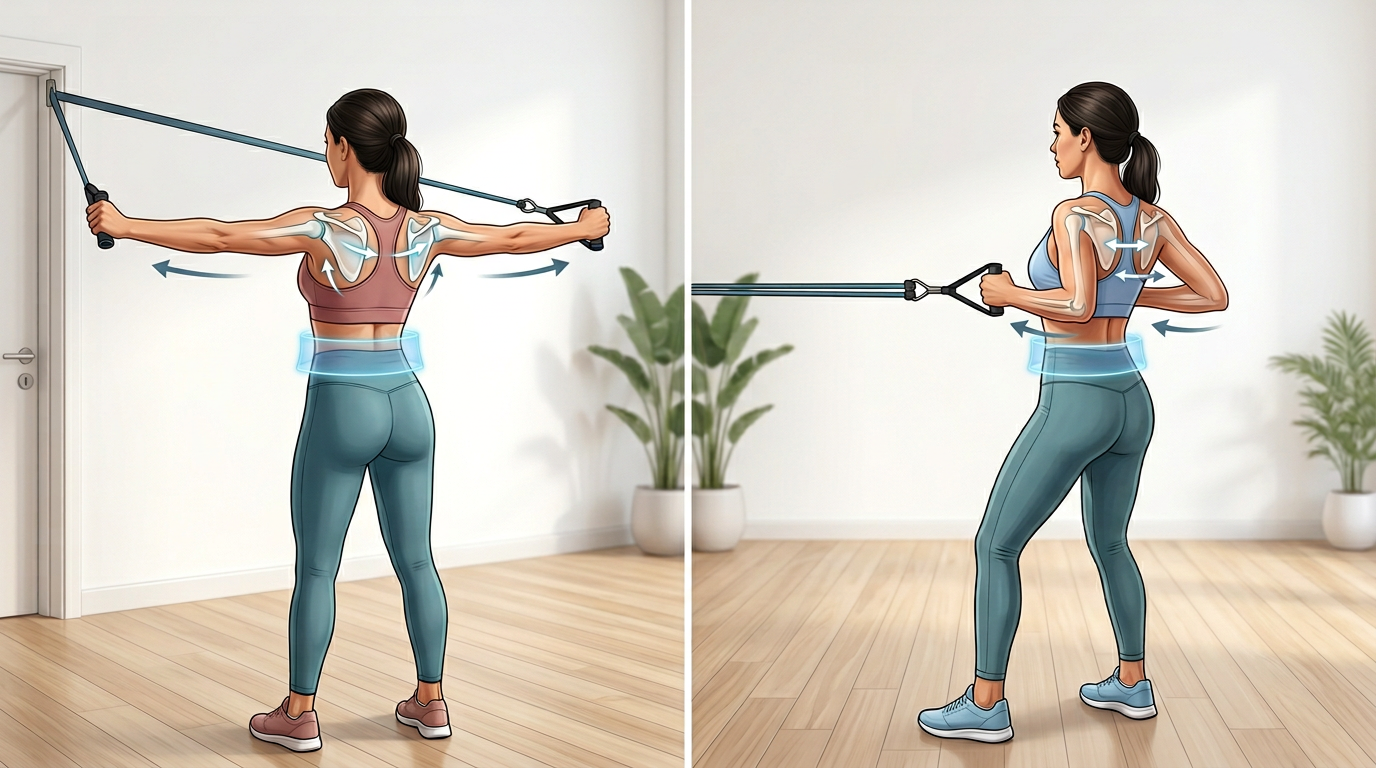 Split-screen demonstration showing proper form for resistance band chest press and row exercise, highlighting shoulder blade positioning and core engagement