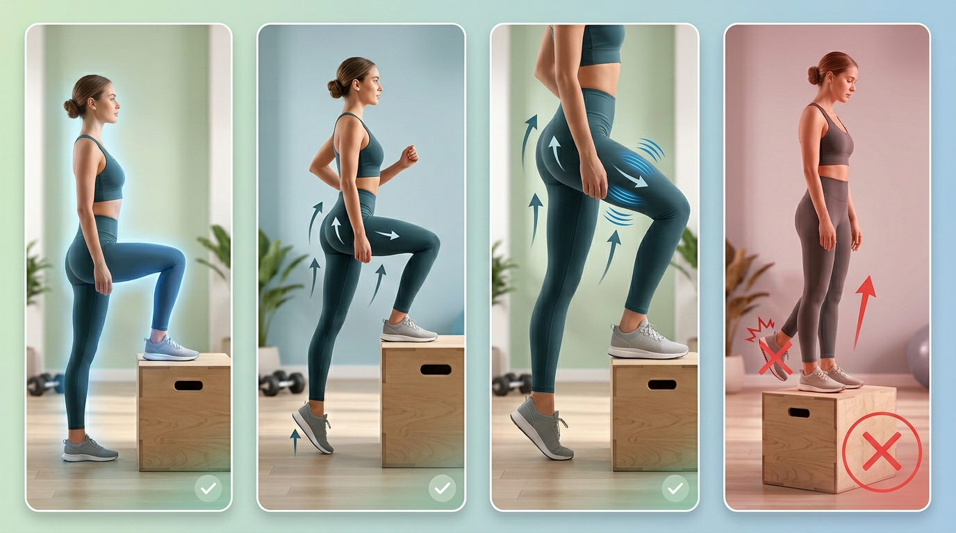 Demonstration sequence showing proper step-up technique with a woman performing the exercise on a box, highlighting the working leg doing all the lifting versus the common mistake of pushing off with the bottom leg