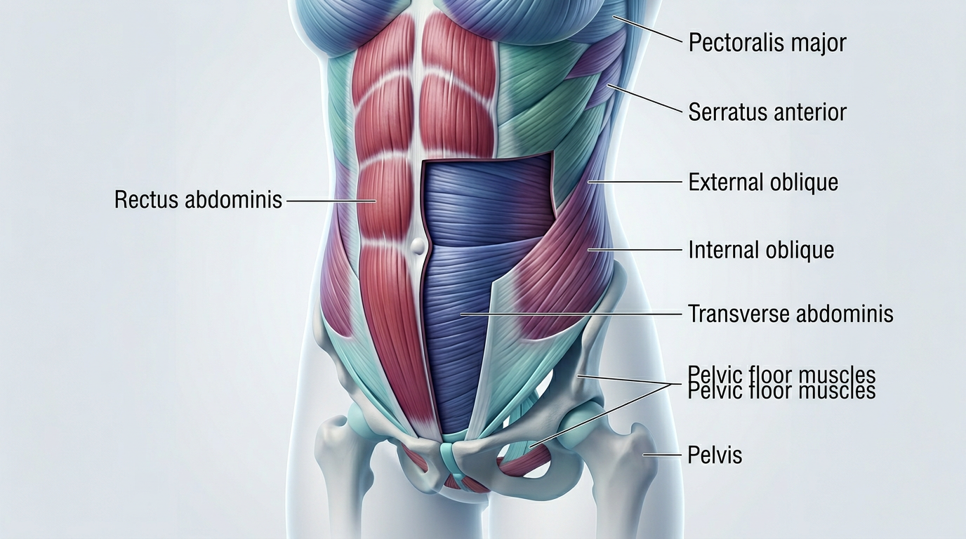 Anatomical illustration showing the layers of core muscles targeted in Pilates including transverse abdominis, obliques, rectus abdominis, and pelvic floor muscles with labels