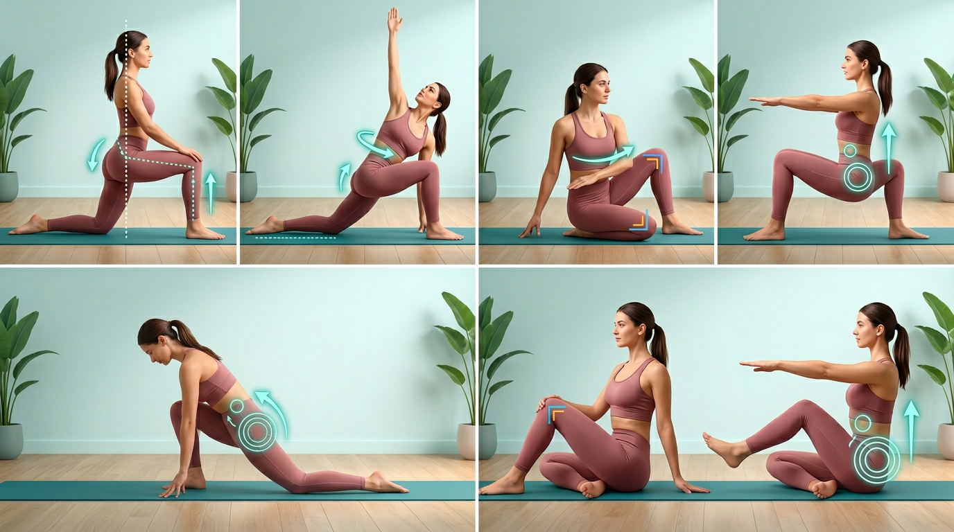 Progressive sequence showing beginner to advanced variations of hip mobility exercises with form cues for each level