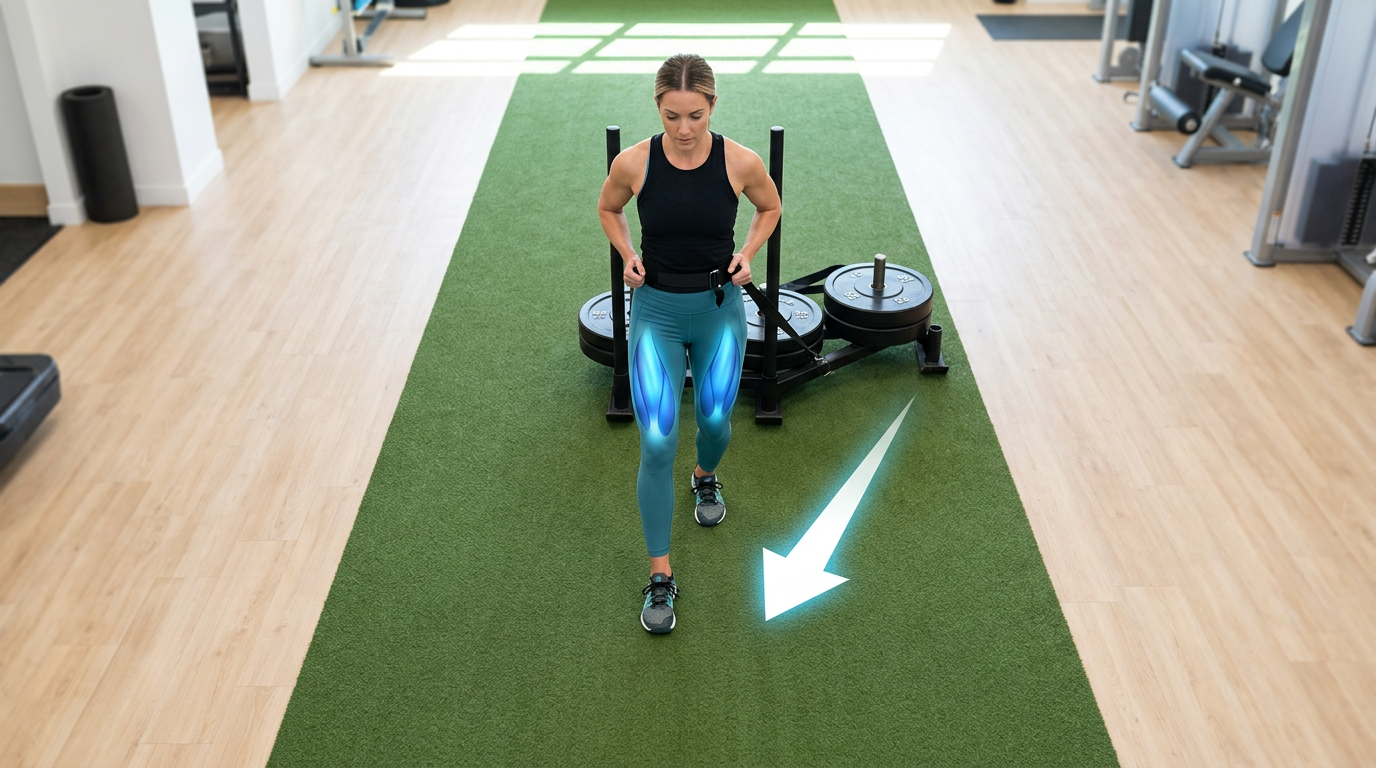 Overhead view showing proper reverse sled drag technique with a woman walking backward while pulling a loaded sled, with arrows indicating direction of movement and muscle engagement in the quadriceps