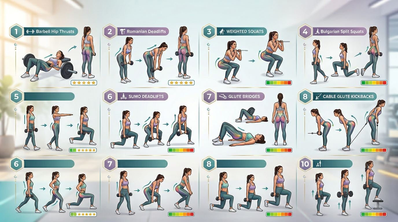 Comparison infographic showing proper form for the top 10 weighted butt exercises with difficulty ratings and muscle activation zones highlighted