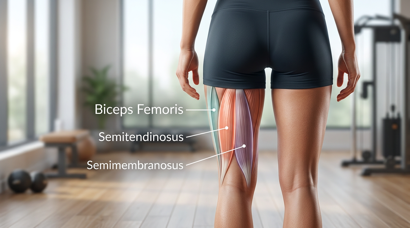 Anatomical illustration showing the three hamstring muscles (biceps femoris, semitendinosus, semimembranosus) highlighted on the back of a woman's thigh with labels