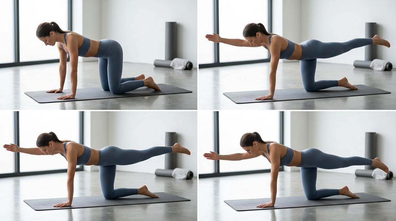 Step-by-step sequence showing a woman performing the bird dog exercise from starting tabletop position through full extension with proper form cues