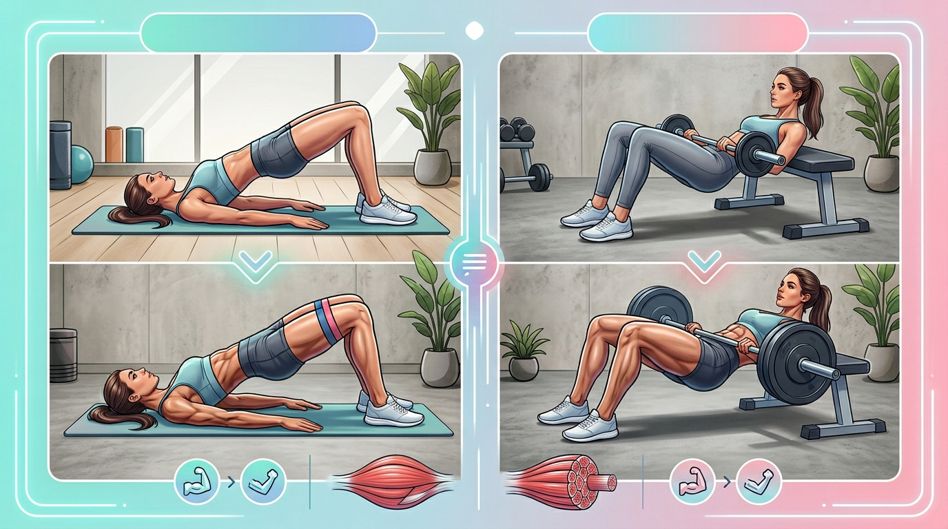 Before and after comparison chart showing typical strength and muscle development progression over 12 weeks using glute bridges versus hip thrusts