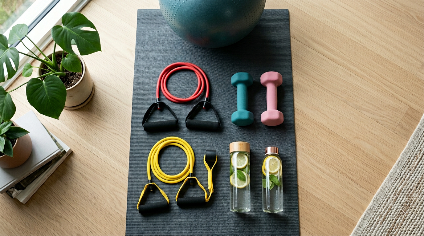 Overhead view of home workout equipment alternatives for rear delt training including resistance bands, light dumbbells, water bottles, and a stability ball arranged on a yoga mat