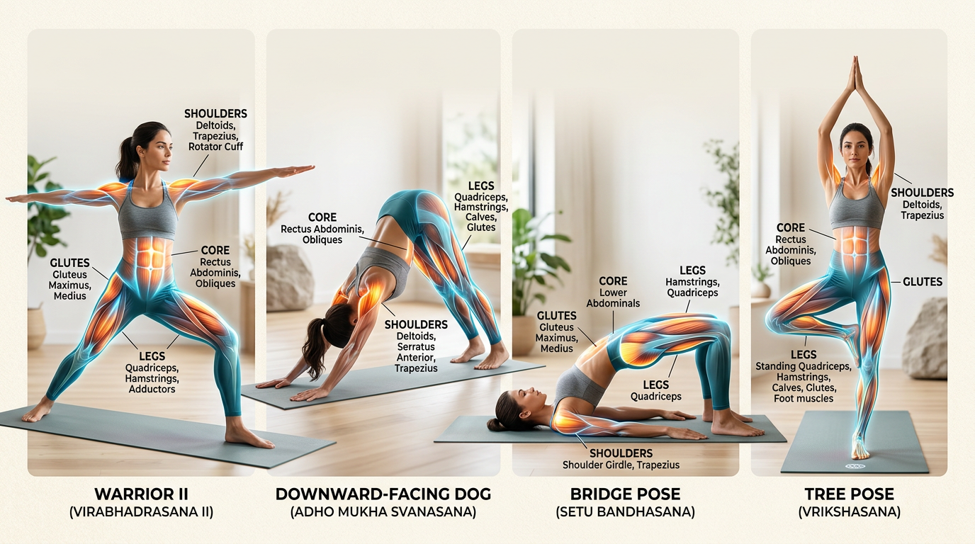 Infographic showing muscle groups activated during common yoga poses with anatomical overlay highlighting core, glutes, shoulders, and legs