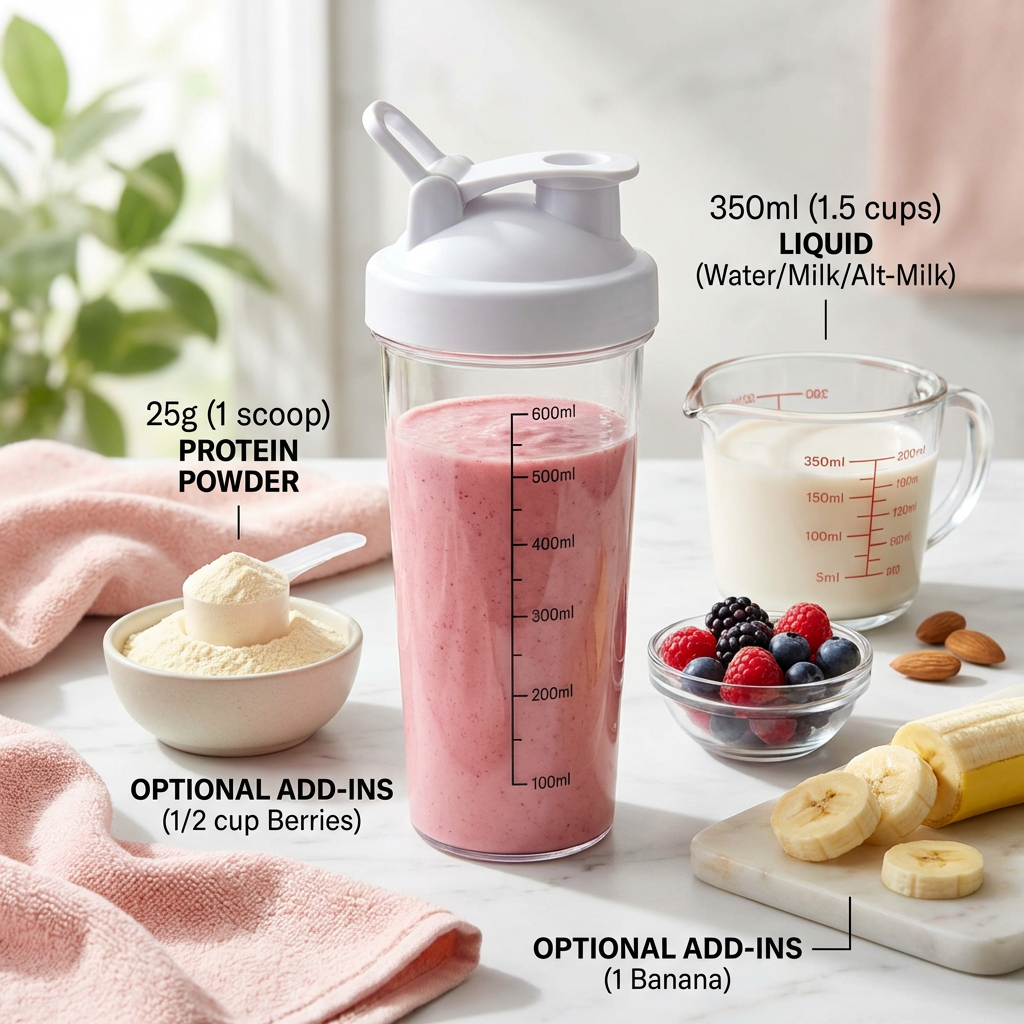 Visual guide showing ideal post-workout protein shake with measurements, including protein powder, liquid, and optional add-ins like banana or berries