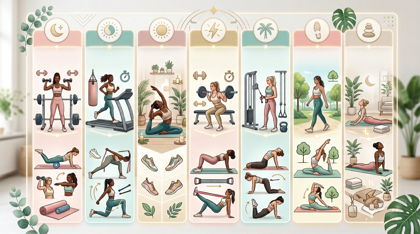 Weekly workout schedule infographic showing how to integrate mobility exercises on training days, rest days, and as standalone sessions for optimal results