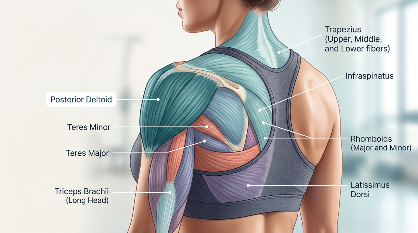 Anatomical illustration showing the rear deltoid muscle location on the posterior shoulder with labeled muscle fibers and surrounding upper back muscles