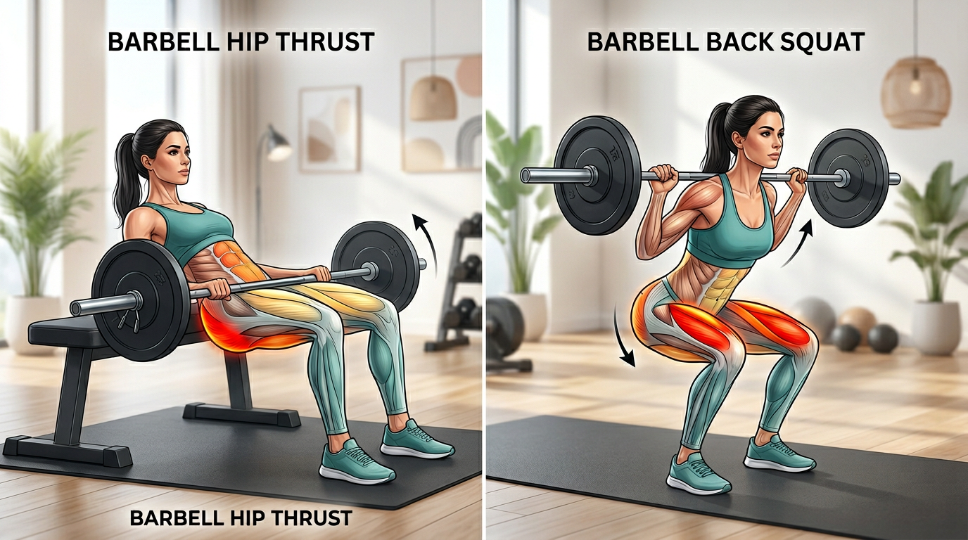 Side-by-side comparison diagram showing muscle activation patterns during hip thrust versus squat, highlighting greater glute engagement in hip thrusts